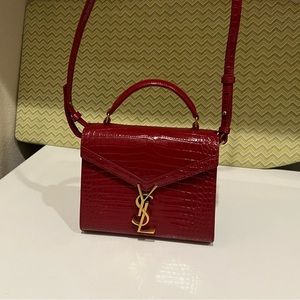 YSL Cassandra Mini Croc Effect Leather Shoulder Tote Bag in Red